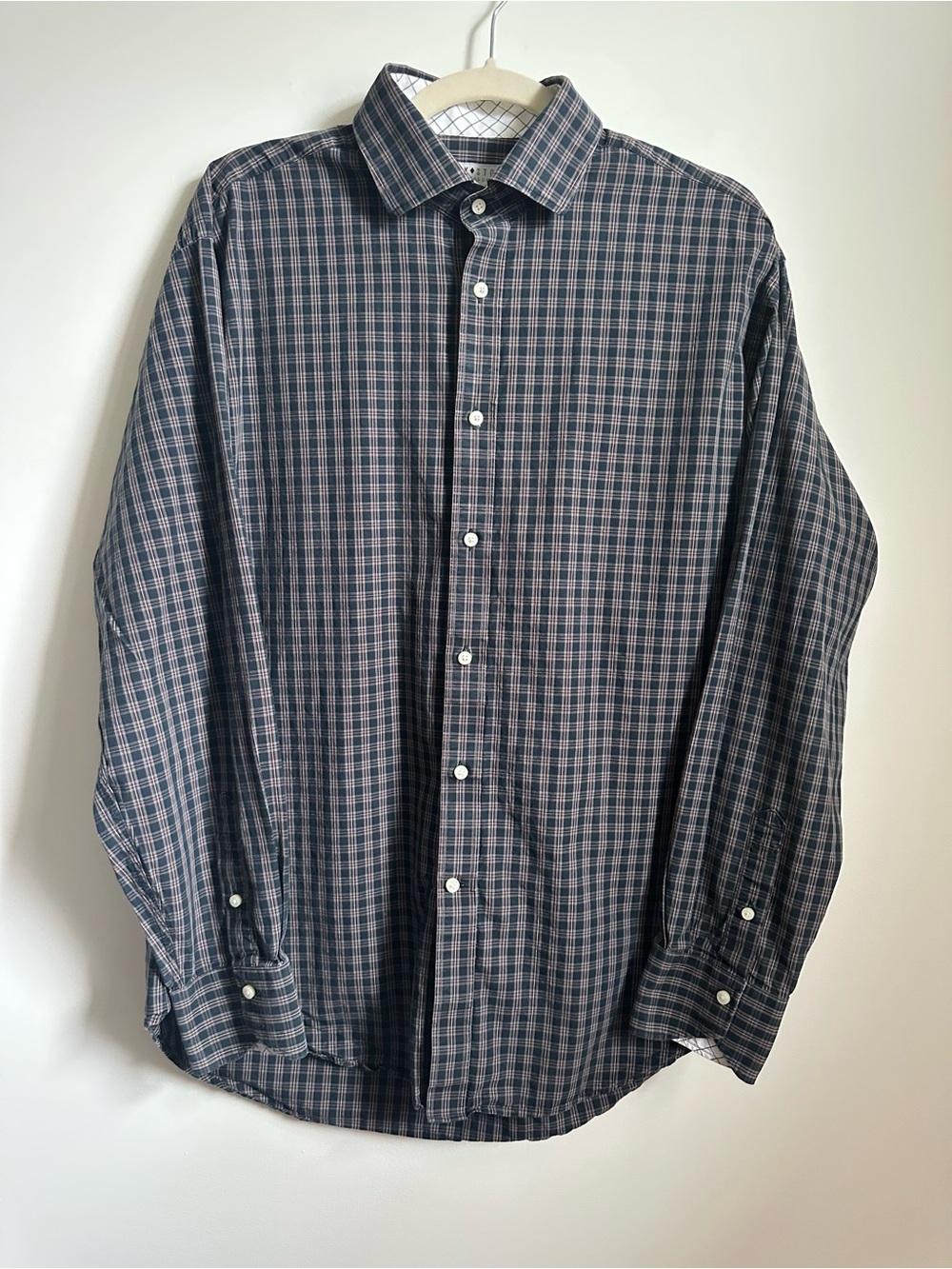 JACK STONE by Thomas Dean Men's L Blue Brown Plaid 100% Cotton Woven Button-Up
